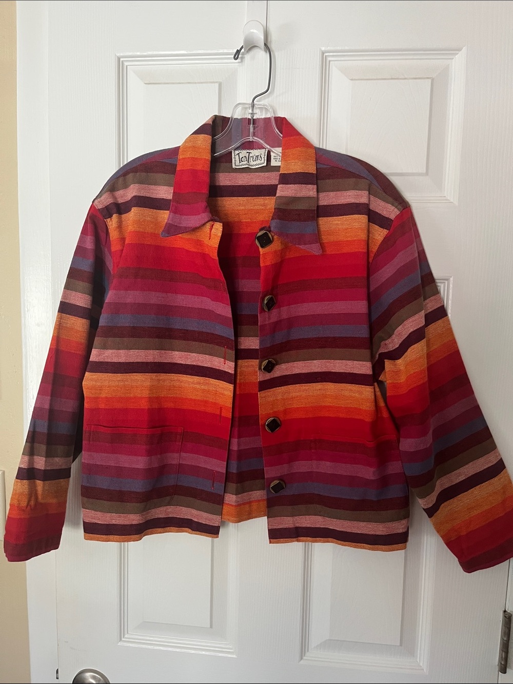 VTG Tan Trums rainbow striped serape button jacket 100%cotton southwestern PS
